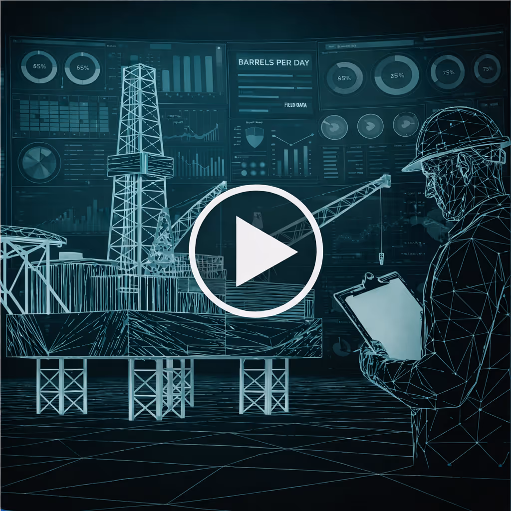 Digital wireframe illustration of an oil rig platform with a worker in a hard hat holding a clipboard and multiple data charts in the background.