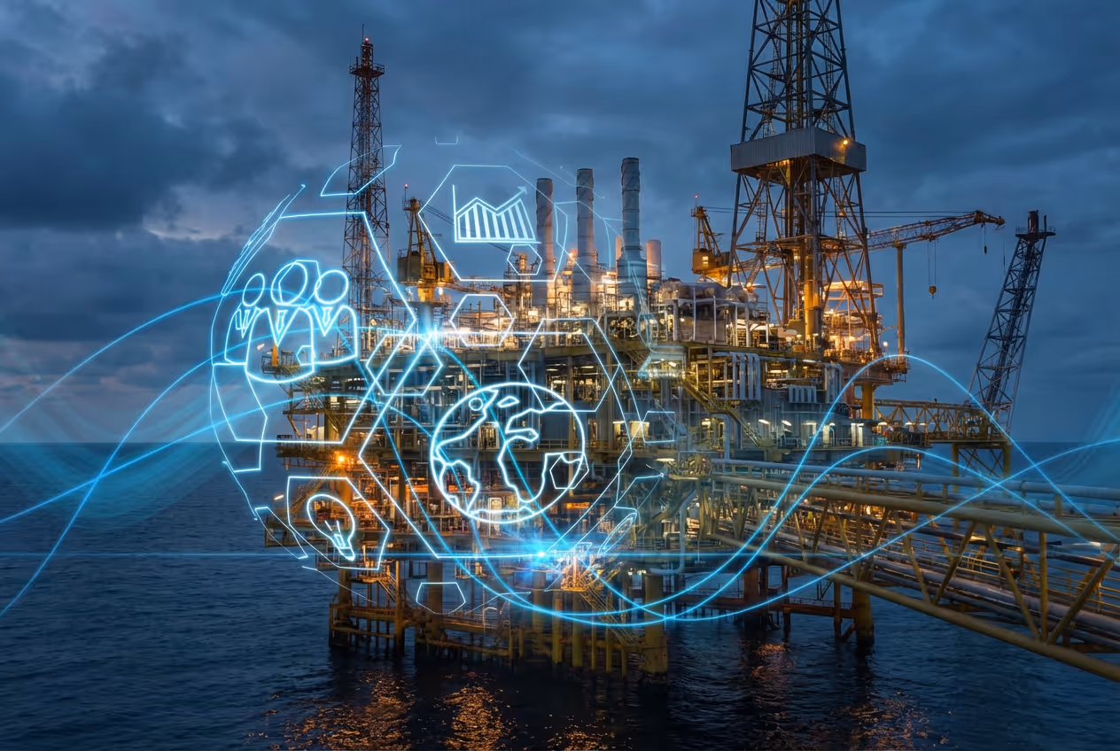 Offshore oil rig at dusk with illuminated digital overlays of global network, statistics, and business icons.