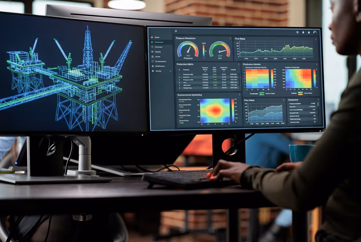 Person working at a desk with dual monitors displaying a 3D model of an offshore oil platform and data dashboards with graphs and metrics.