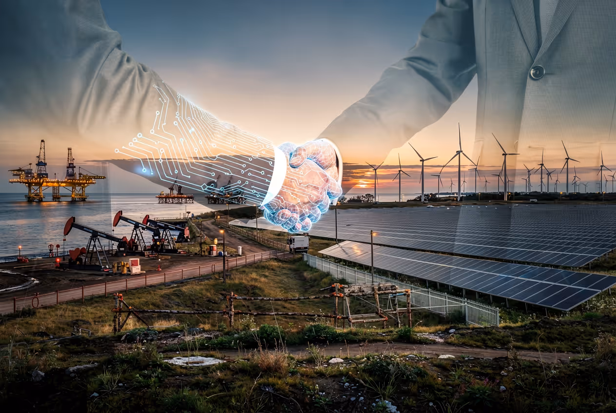 Double exposure of two business people shaking hands over an energy landscape combining oil rigs, solar panels, and wind turbines at sunset.