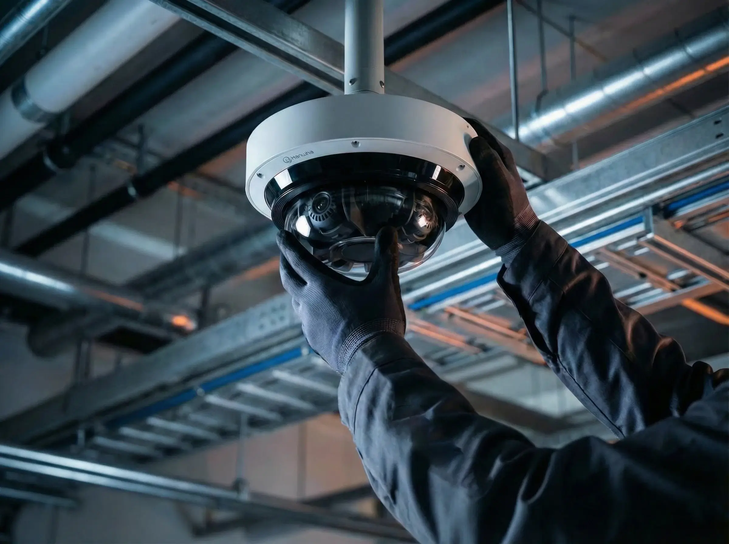 Technician wearing black gloves installing a white dome security camera on an industrial ceiling with metal pipes and beams.