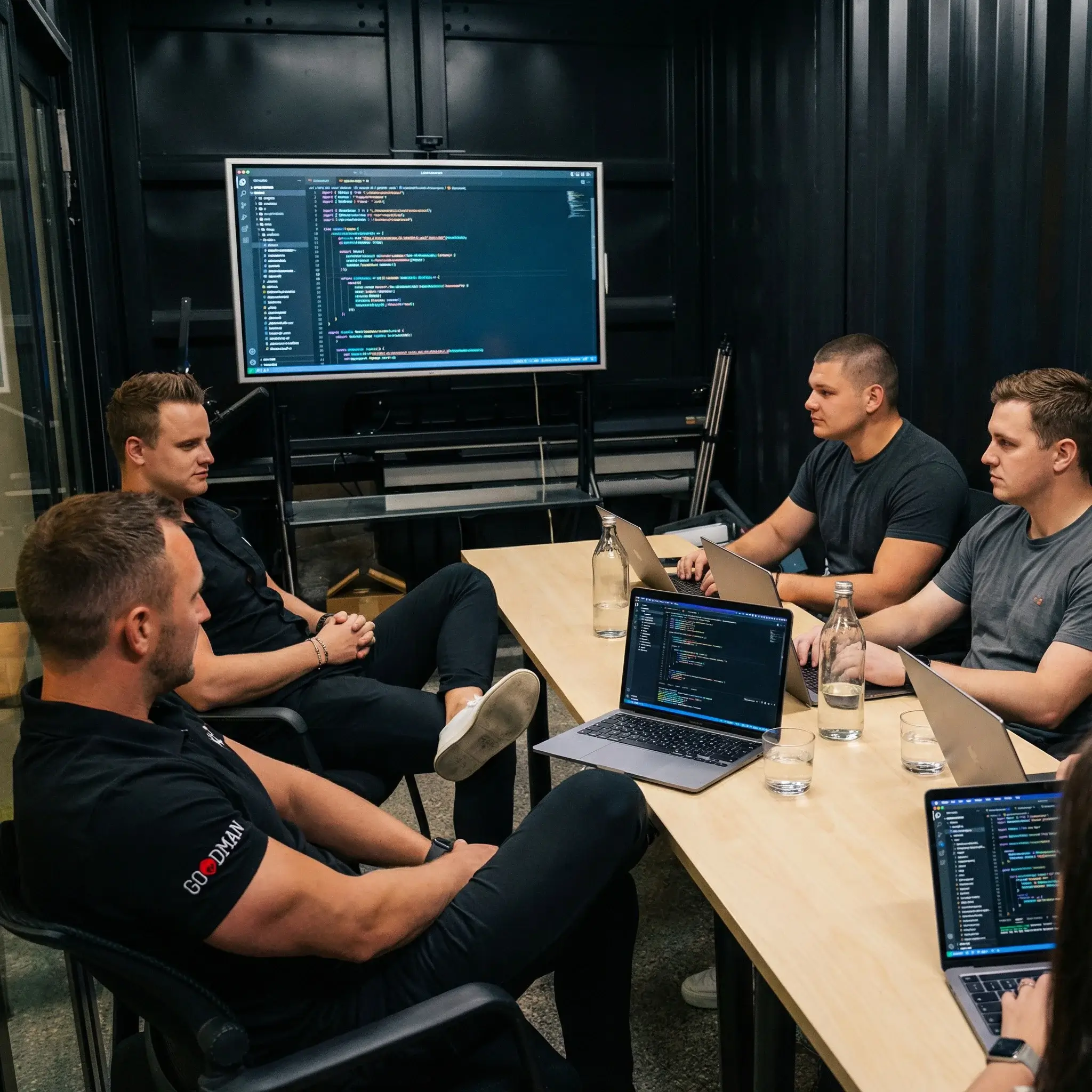 Group of people in a meeting room with laptops discussing code displayed on a large monitor.