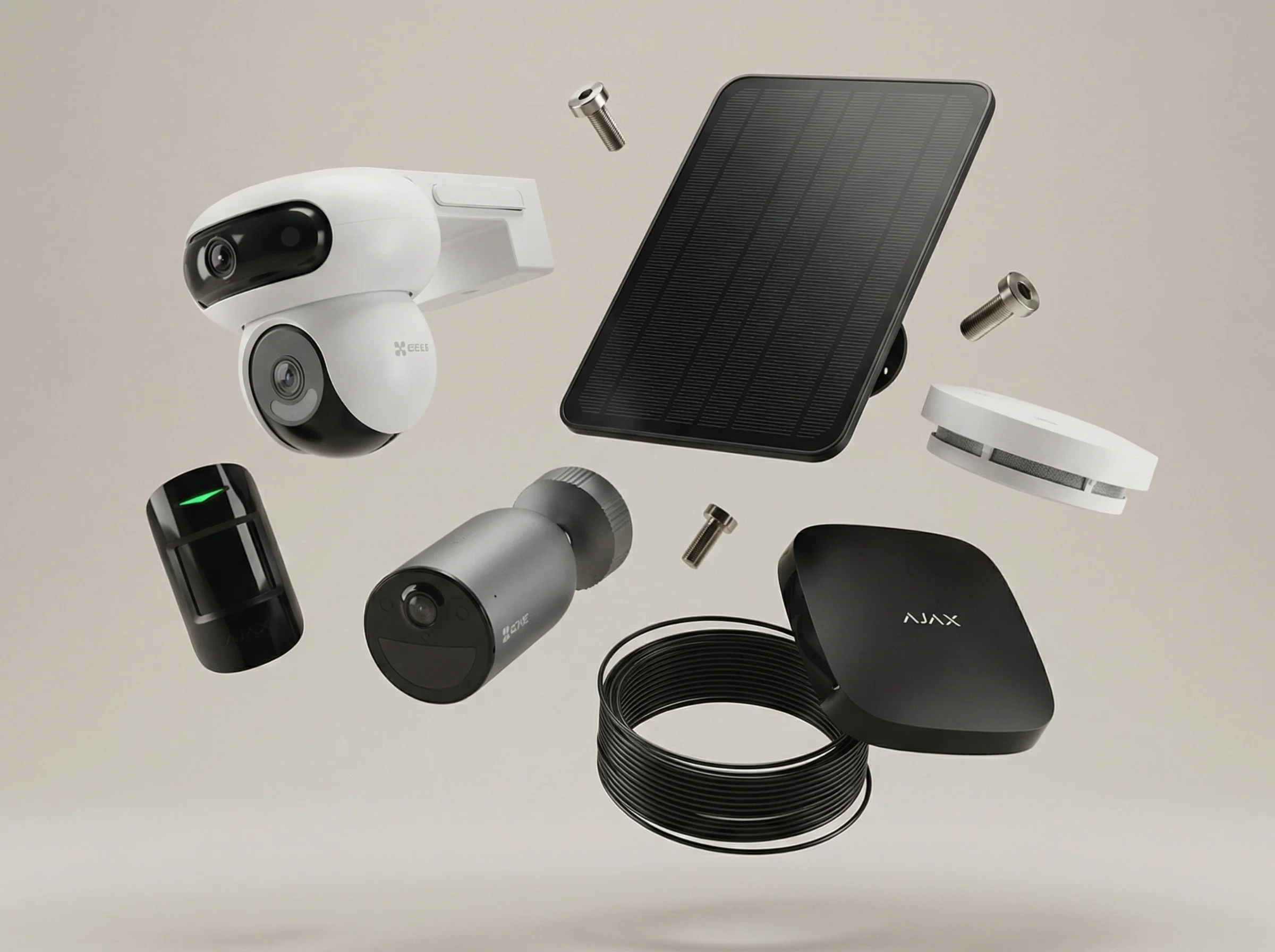 Collection of home security devices including cameras, a solar panel, sensor, coil of cable, and screws floating against a neutral background.