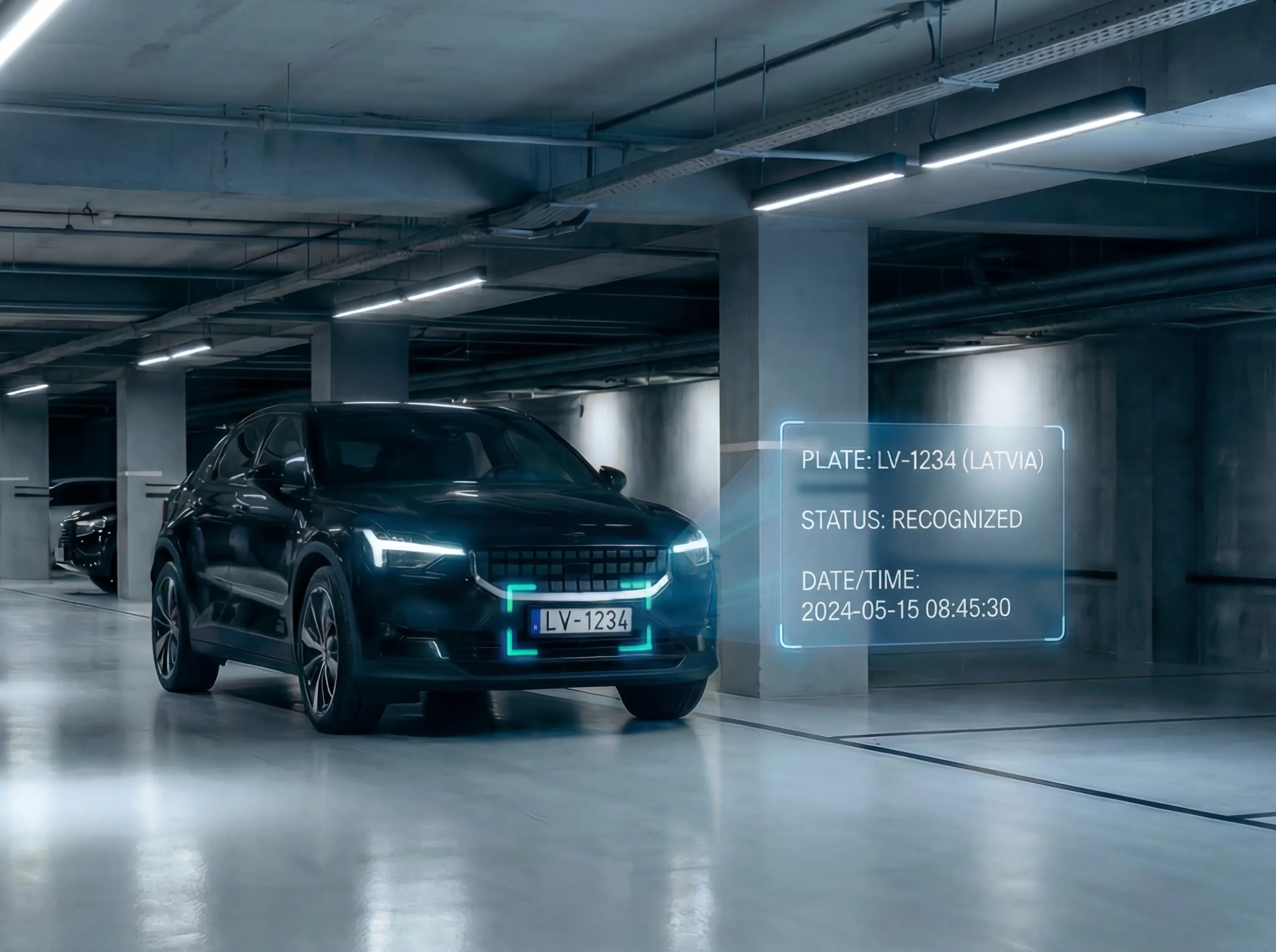 Black car in a parking garage with a digital overlay showing license plate LV-1234 from Latvia, recognition status, and timestamp.