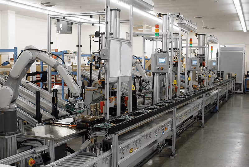 Robotic arms assembling electronics on a conveyor belt in a modern factory.