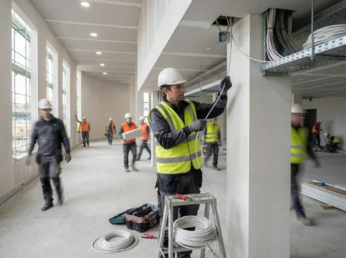 Construction worker in a safety vest and helmet installing wiring inside a building under construction with other workers in the background.