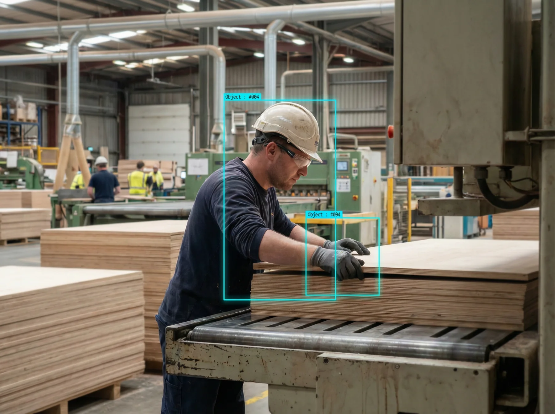 Worker wearing hard hat and safety glasses handling stacked wooden boards in a factory setting.
