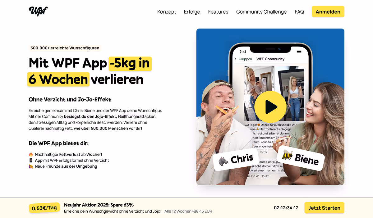 Screenshot der WPF-App-Website zeigt Gewichtsverlust von 5 kg in 6 Wochen, mit Bildern von Chris und Biene, die Pizza essen, und App-Community-Funktion.