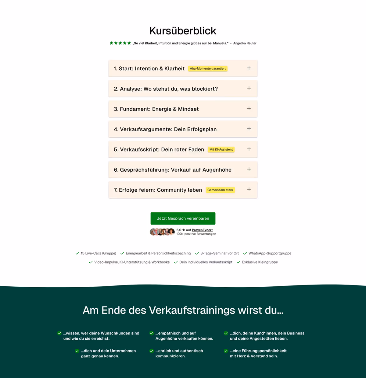 Kursübersicht zeigt sieben Module mit Titeln wie Intention & Klarheit, Analyse, Energie & Mindset; inklusive Bewertungen und Vorteile des Verkaufstrainings.