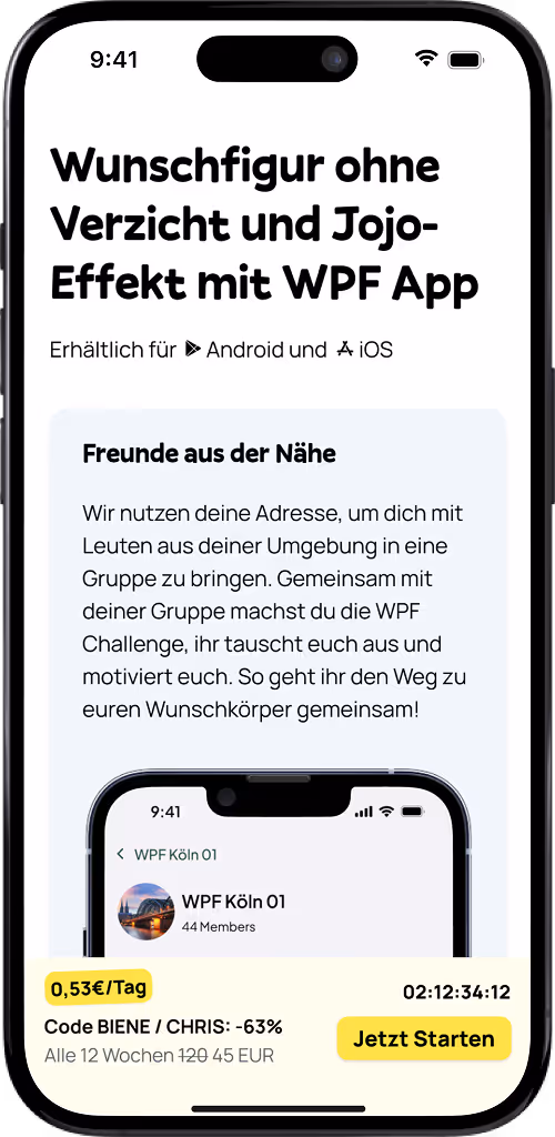 Smartphone-Bildschirm zeigt Website der WPF App mit Text zu Wunschfigur ohne Jojo-Effekt, Gruppenchallenge mit Freunden und Startbutton mit Preis und Rabatt.