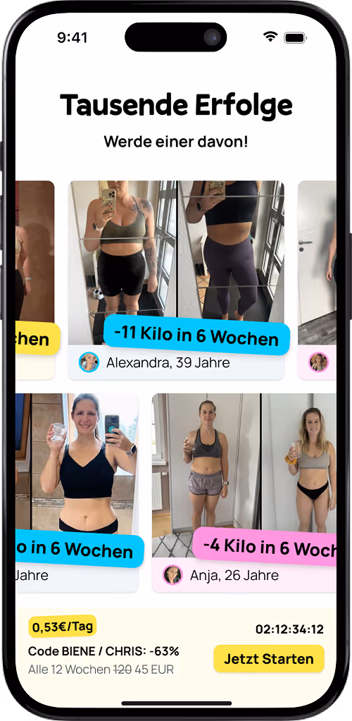 Smartphone-Bildschirm mit Vorher-Nachher-Fotos von drei Frauen, die Gewichtsverlust zeigen. Überschrift: Tausende Erfolge, Werde einer davon!