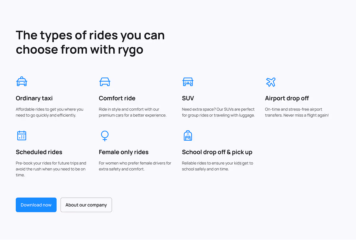 Übersicht verschiedener Fahrtarten bei Rygo: normales Taxi, Komfortfahrt, SUV, Flughafentransfer, geplante Fahrten, Fahrten nur mit weiblichen Fahrern und Schulfahrten mit Abholung.