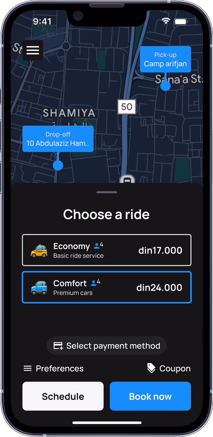 App-Bildschirm zeigt Karte mit Abholort und Ziel; Optionen zur Fahrtbuchung Economy und Comfort.
