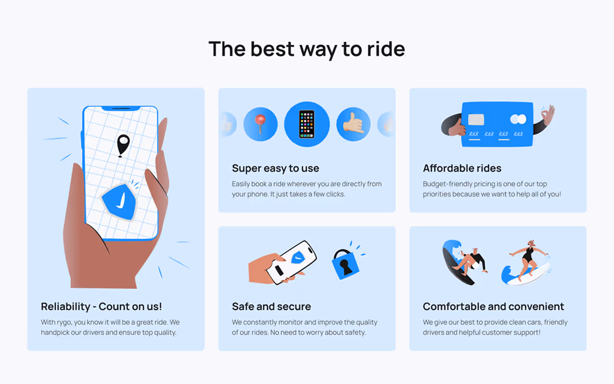 Illustrationen zu Vorteilen der Fahrtbuchung, einschließlich Zuverlässigkeit, einfache Nutzung, bezahlbare Preise, Sicherheit und Komfort mit passenden Symbolen und Texten.