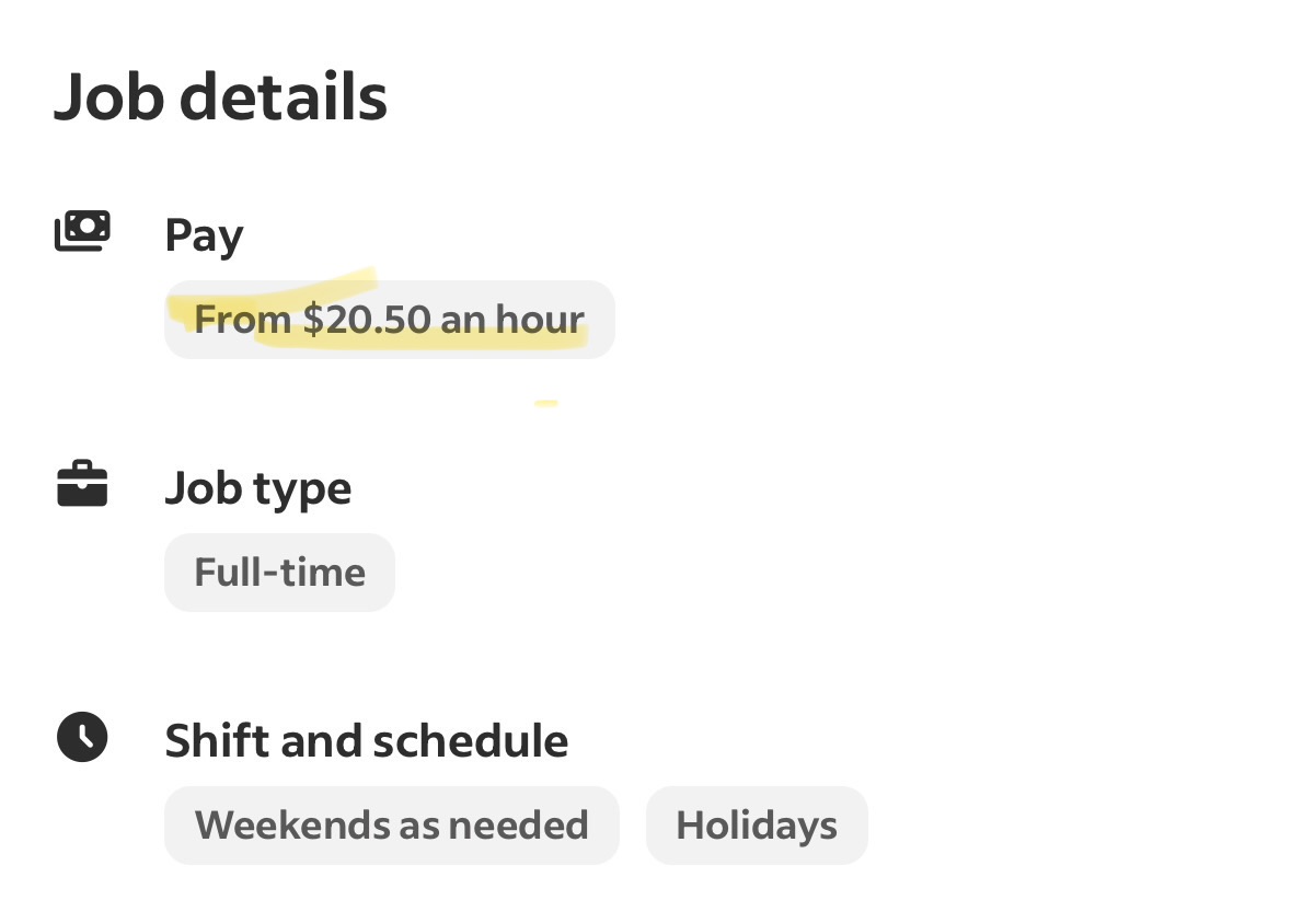 Screenshot of job posting showing pay "from $20.50 an hour"