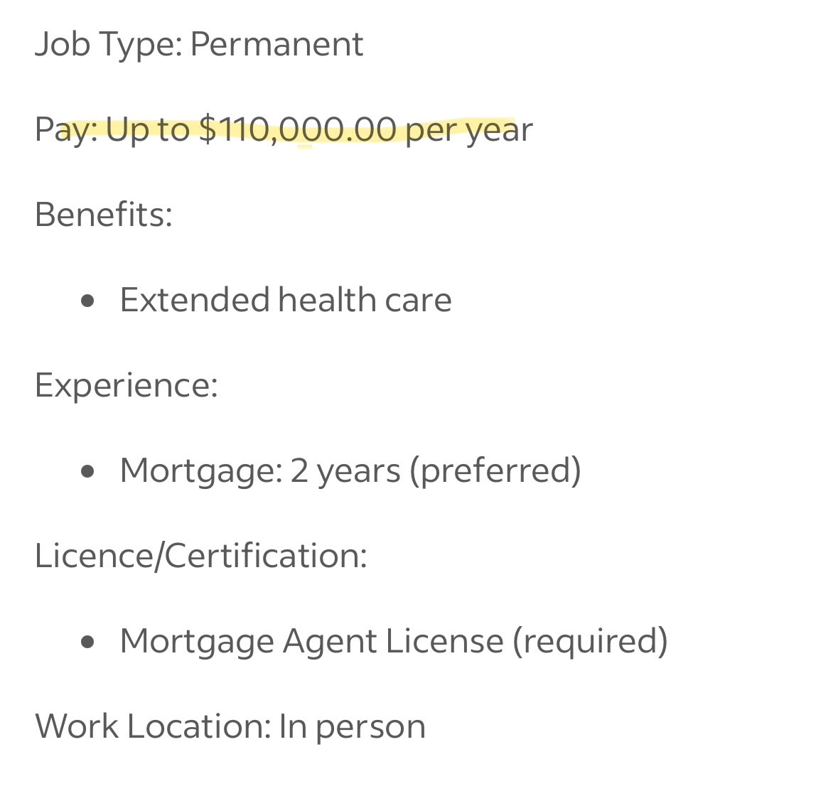 Screenshot of job posting showing pay range as "up to $110,000.00 per year"