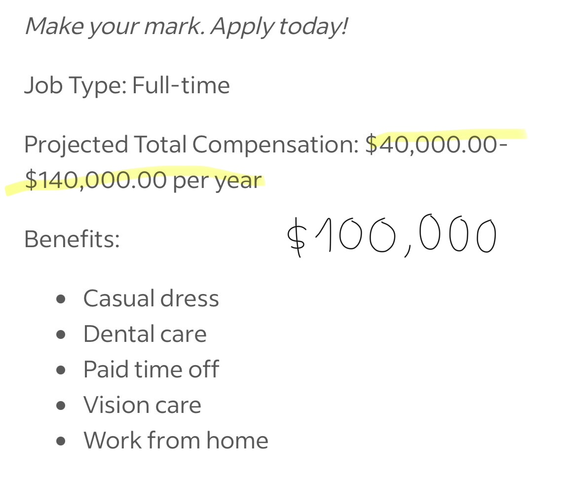 Screenshot of job posting showing pay range as $40,000.000 to $140,000.00.