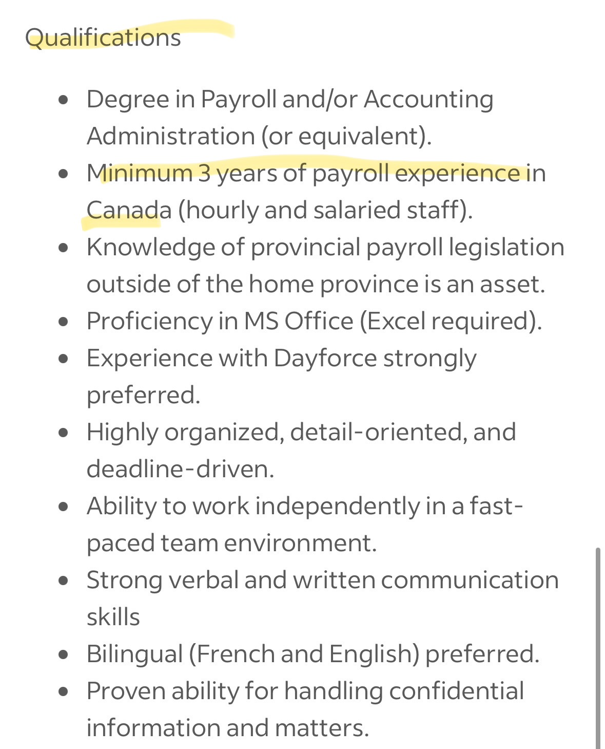 Screenshot of job posting showing qualification of "minimum 3  years of payroll experience in Canada"
