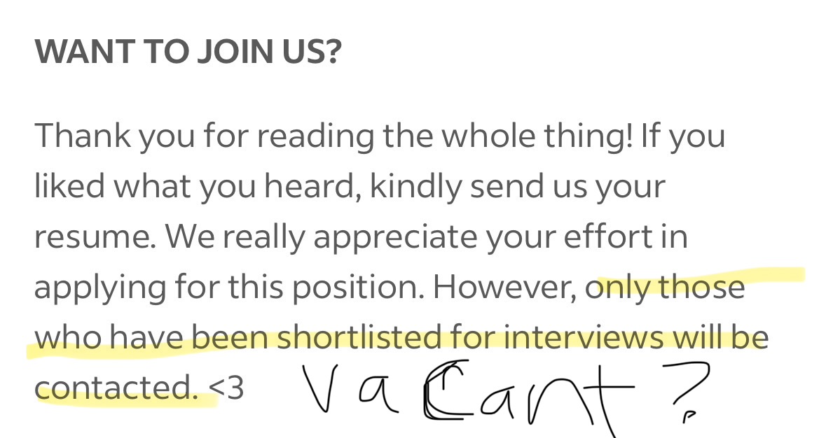 Screenshot of job posting saying "only those who have been shortlisted for interviews will be contacted [heart emoji]"