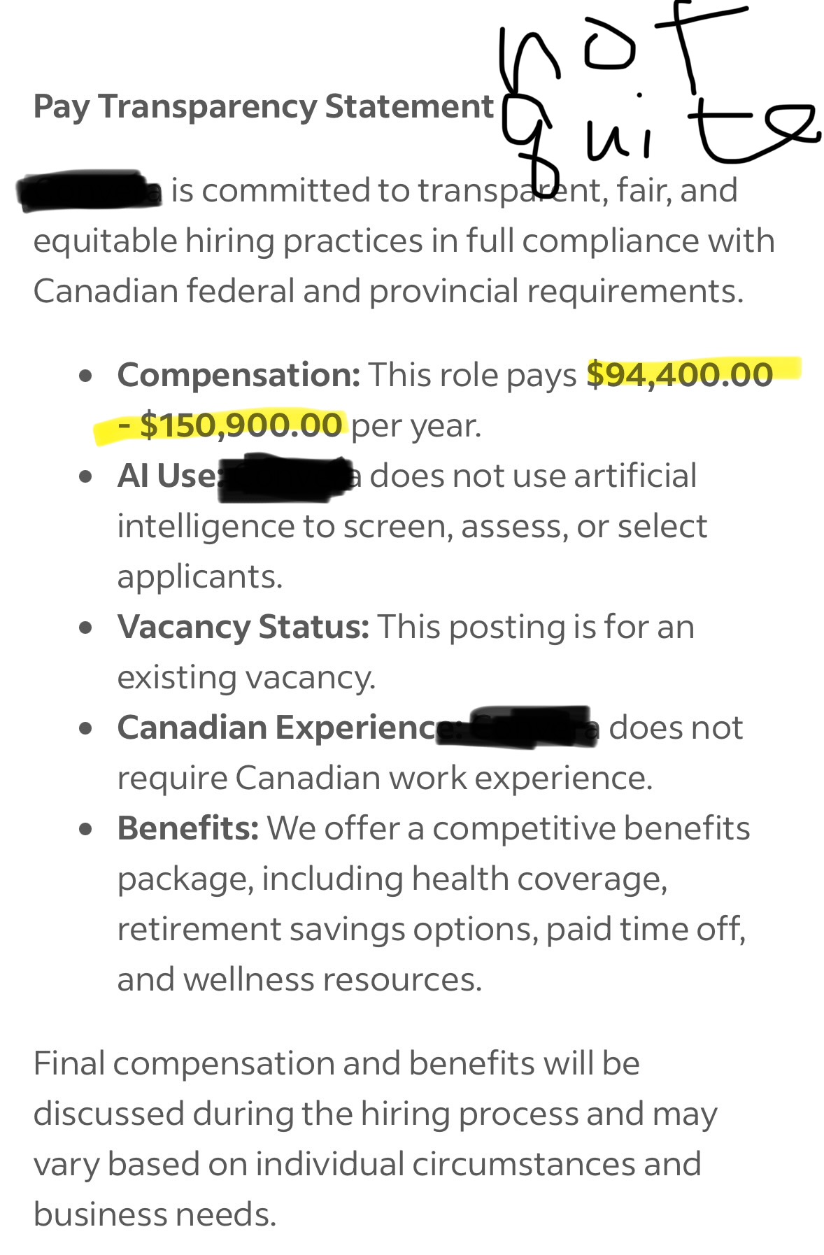 Screenshot of job posting showing a pay transparency statement but including a non-compliant pay range ($94,400 to $150,900)