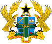 Coat of arms of Ghana featuring a shield with a sword, castle, cocoa tree, and gold mine, flanked by two golden eagles, topped with a black star and a ribbon with the motto 'Freedom and Justice'.