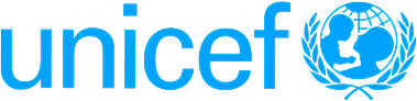 UNICEF logo with blue text and globe icon featuring a child and laurel branches.