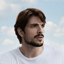 Profile of a young man with dark hair and beard wearing a white shirt against a cloudy sky.