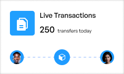 Interface showing 250 live transactions today with male and female profile icons linked by a transaction symbol.