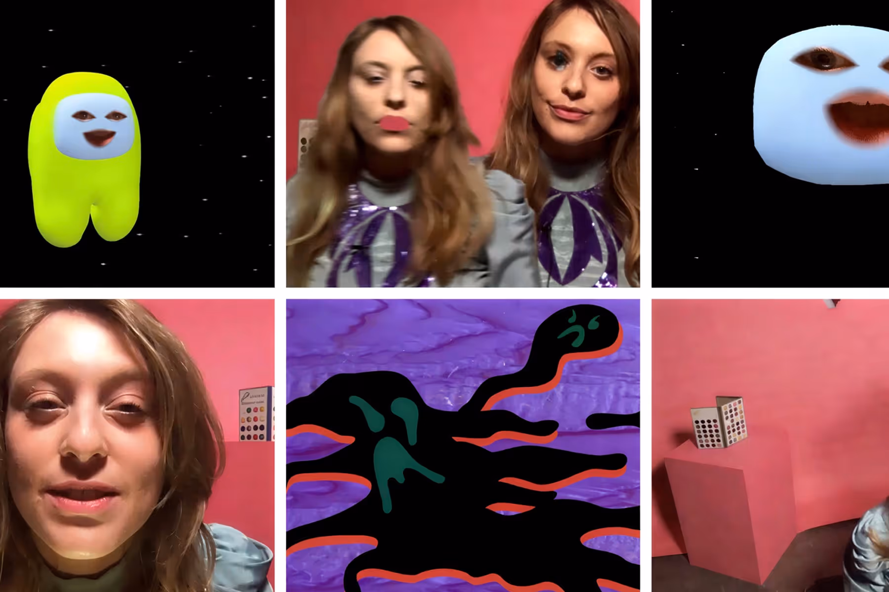 Collage of six images including a woman with long hair in a purple outfit, animated yellow and white character in space, and abstract black and orange shapes on purple background.