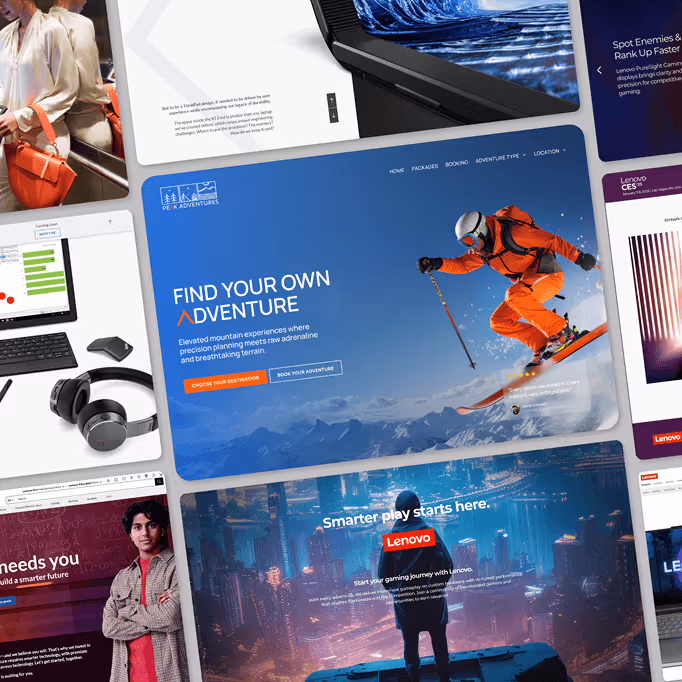 Artistic collage of website designs featuring a skier hero image, Lenovo campaigns, and multiple modern homepage layouts.