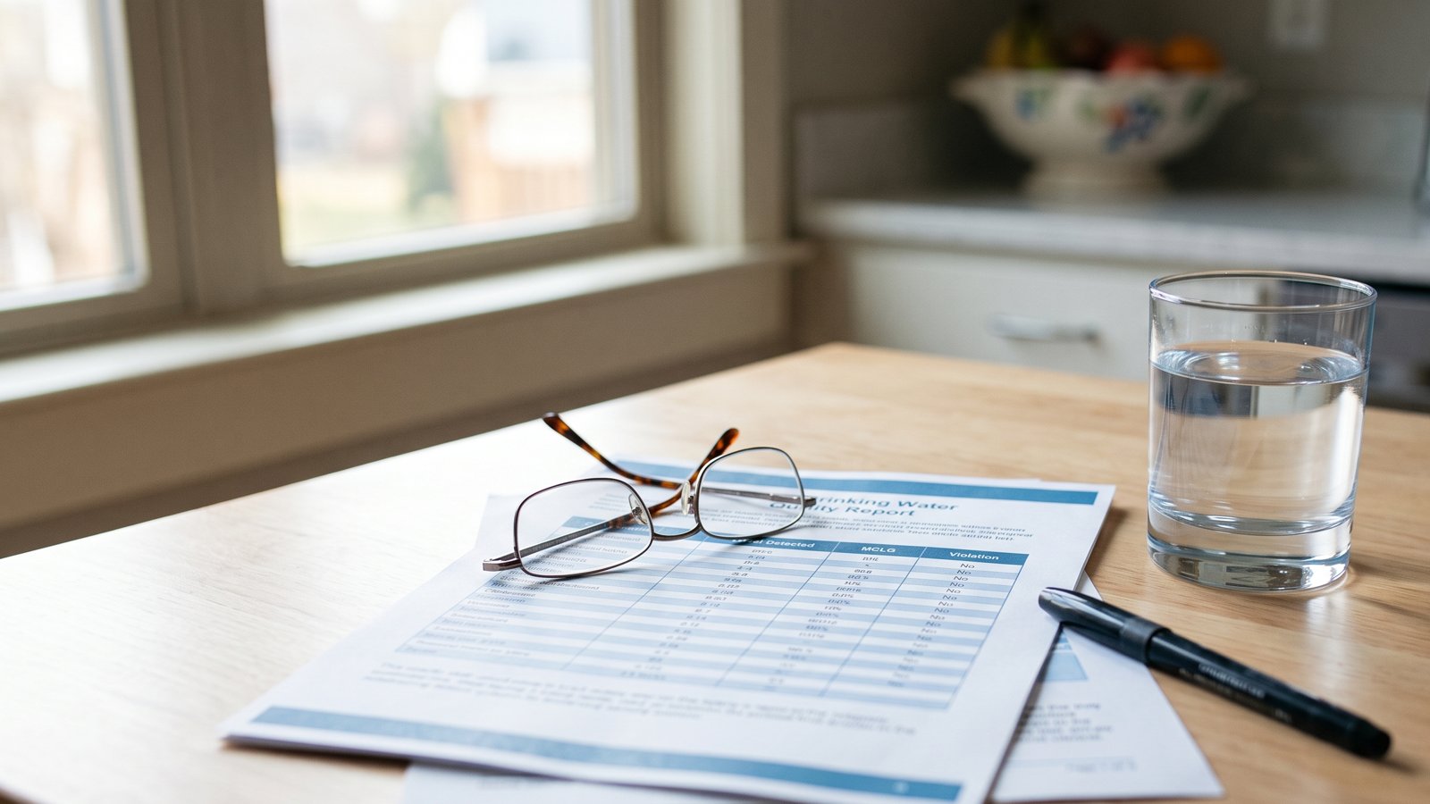 A printed drinking water quality report showing a table of contaminant levels with MCLG and violation columns, on a sunlit kitchen table beside a glass of water, reading glasses, and a pen.