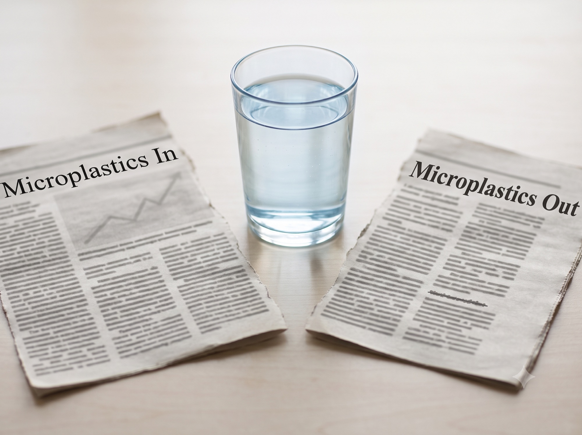 Two torn newspaper clippings angled toward each other on a desk beside a clear glass of water with faint suspended particles