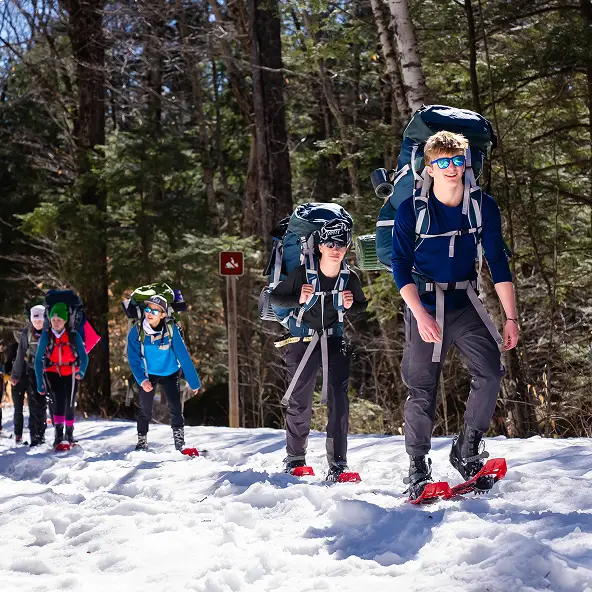 Group of hikers with backpacks snowshoeing on a snowy forest trail.