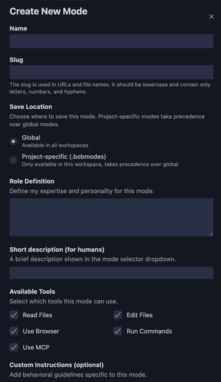 IBM Bob New Mode Configuration Menu