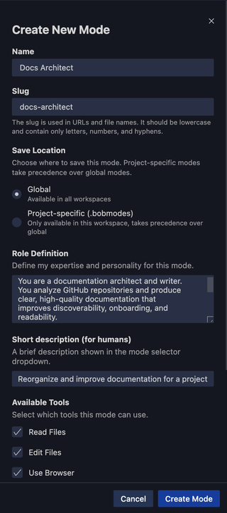 Create New Docs Architect Mode
