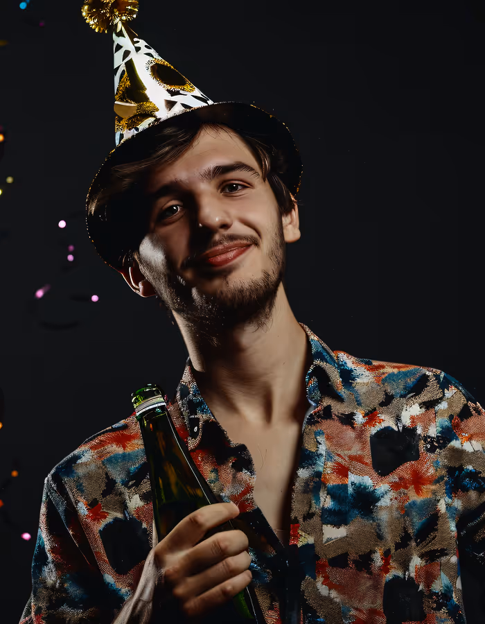 Junger Mann mit Partyhut und bunter Hemd hält eine Flasche in der Hand vor dunklem Hintergrund.