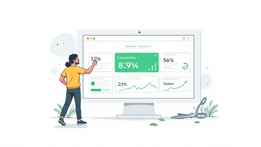A man analyzes a digital marketing dashboard on a large monitor, showing conversion rates and performance metrics.
