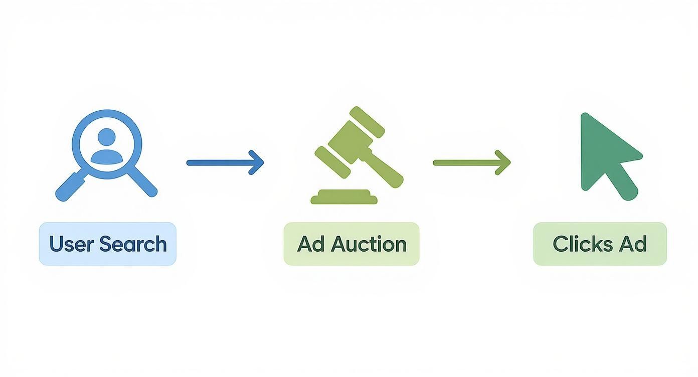 A flowchart showing the online advertising process: user search leads to an ad auction, then to clicking an ad.