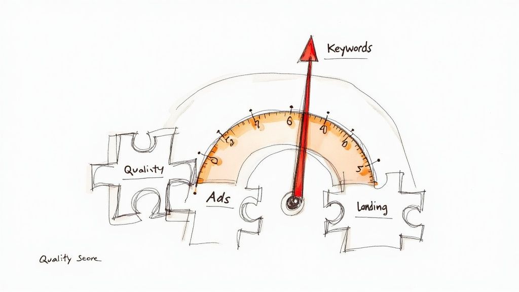 Hand-drawn diagram showing a Quality Score gauge with Keywords pointer and puzzle pieces for Ads and Landing.
