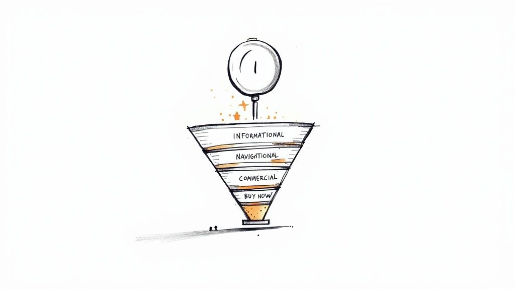 Illustrated marketing funnel showing customer journey stages: informational, navigational, commercial, and buy now.