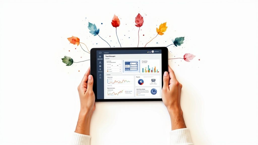 Hands holding a tablet displaying a data dashboard with charts, surrounded by colorful watercolor leaves.