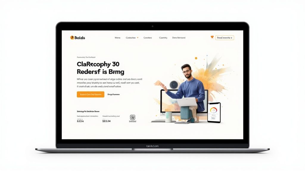 A laptop showing a website with a man, multiple screens, and abstract art, offering financial information.