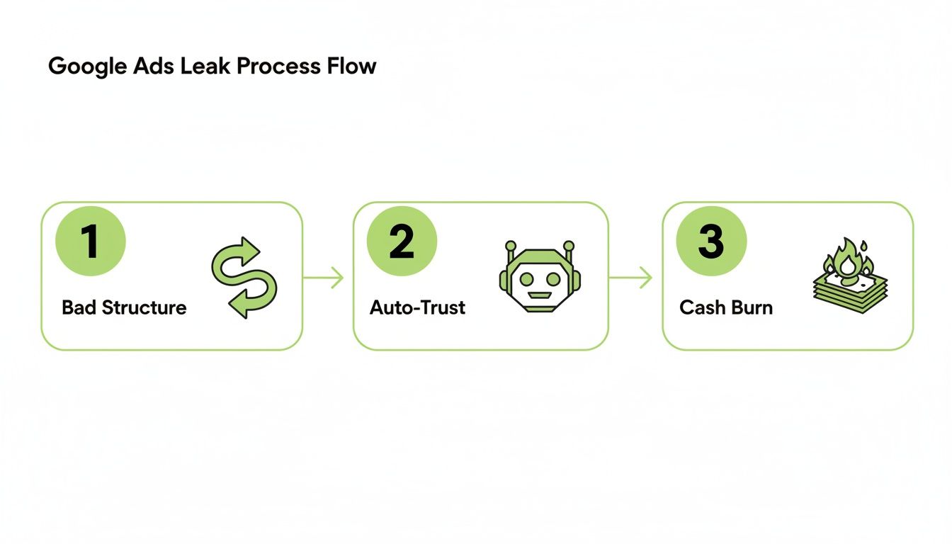 Google Ads leak process flow illustrating how bad structure leads to auto-trust and cash burn.