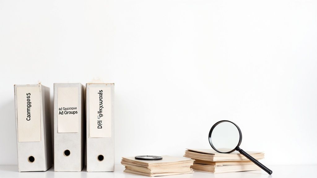Three binders labeled 'Campaigns', 'Ad Groups', and 'Keywords' with a magnifying glass and documents.