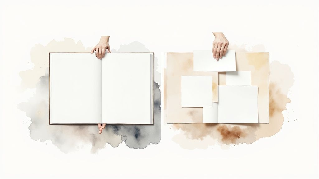 Hands holding open a blank book and arranging blank cards on a textured background.