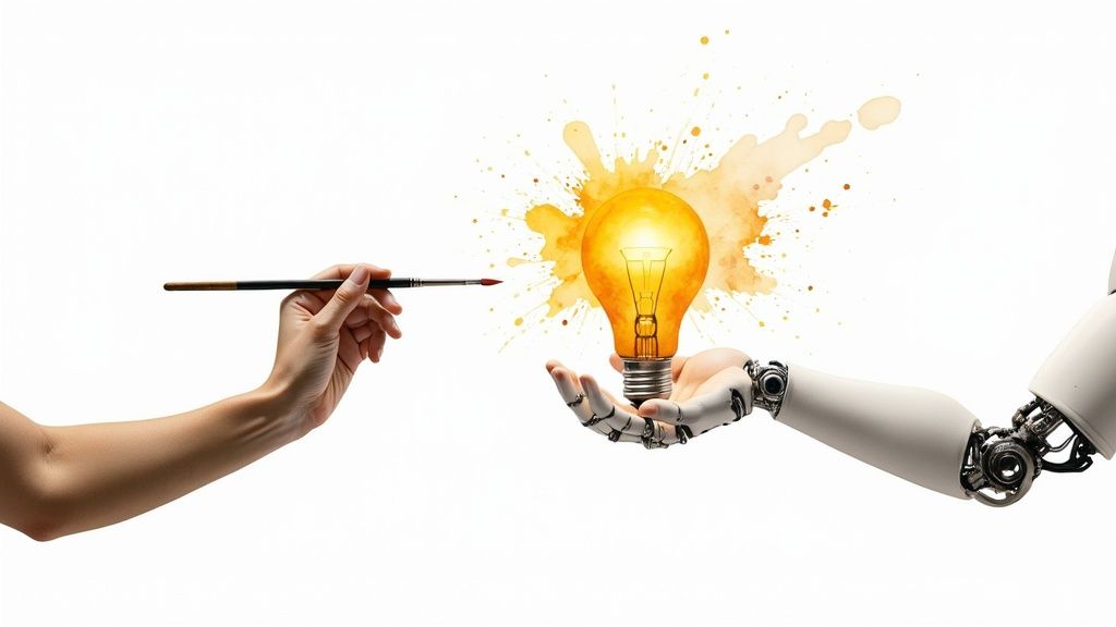 Human hand with paintbrush interacts with robot hand holding a glowing lightbulb, symbolizing AI and creativity.