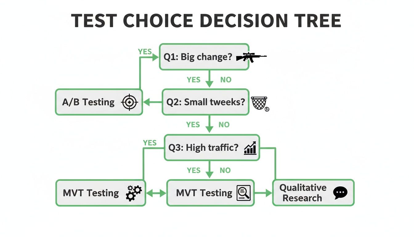 Decision tree illustrating test choice based on change size and traffic for A/B, MVT, and qualitative research.
