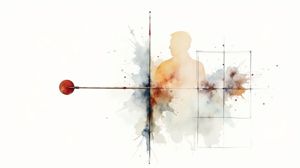 Abstract watercolor art featuring a human silhouette, a target, and a grid, symbolizing conceptual testing.