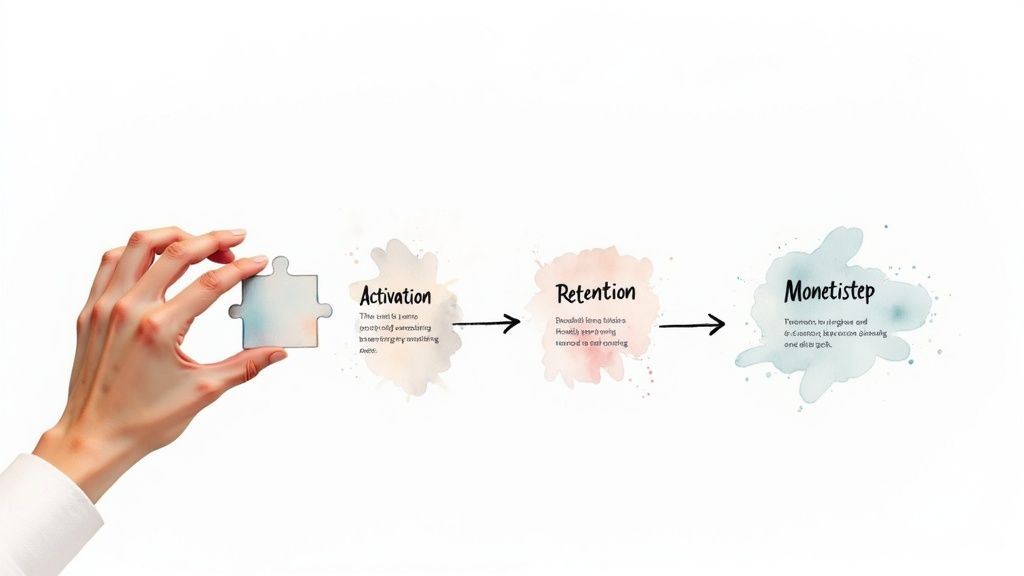 A hand holds a puzzle piece next to a business process flow chart for Activation, Retention, and Monetization.