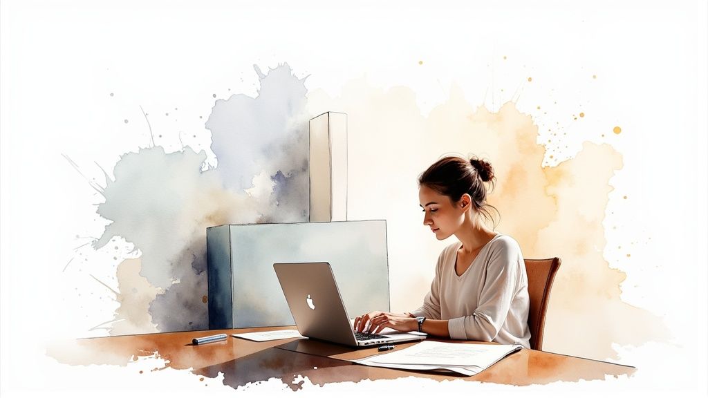 A focused woman works diligently on a silver laptop at a wooden desk with a watercolor background.